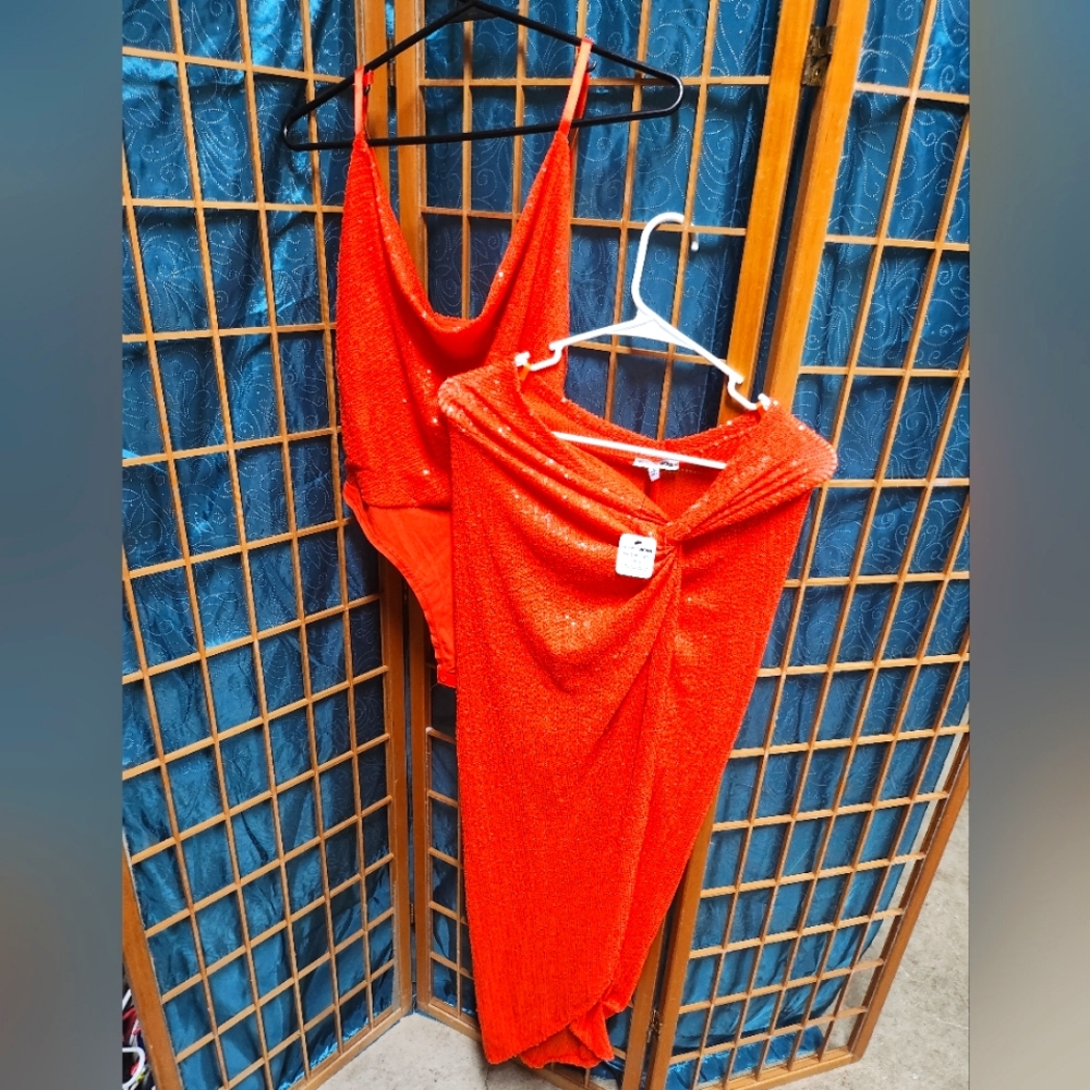Orange sequin skirt set orange
